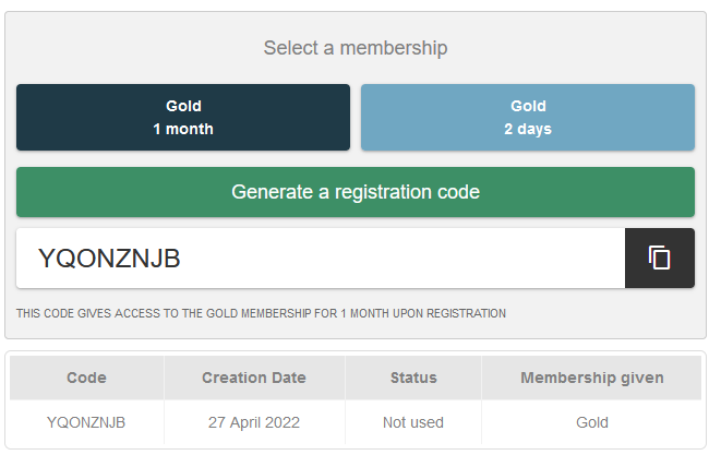 Create membership registration codes